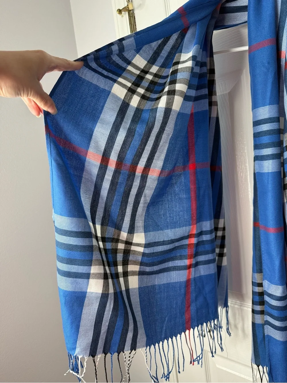 PASHMINA Silk Scarf Blue Black Red Plaid Tartan Fringe Winter Cozy Classic